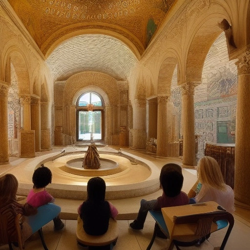02888-2454577566-a teacher teaching students in a large and well-lit classroom, gorgeous ornate multi-tiered fountain, Greek and Spanish.webp